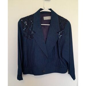 VTG Howard Wolf Dallas Bomber Jacket Womens Size 8 Blue Cropped Sequins & Ribbon